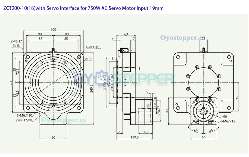 Plataforma Giratoria Hueca con Reductor Relación 10:1 / 18:1 Para Motor Servo AC de 750 W y 80 mm
