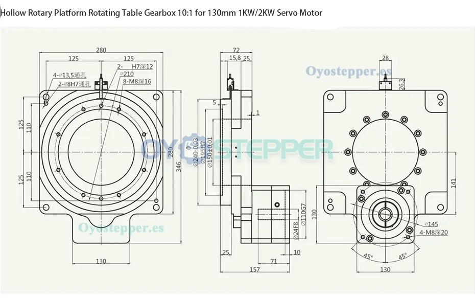 Plataforma Giratoria Hueca con Reductor 10:1 Para Motor Servo de 1 kW / 2 kW de 130 mm
