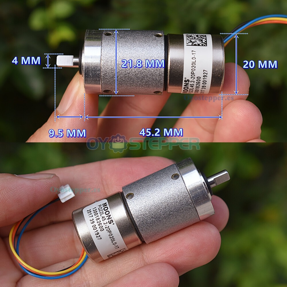 MOONS PG22L45 Motor paso a paso de 22mm con reductor planetario 45,2:1 2 fases y 4 cables
